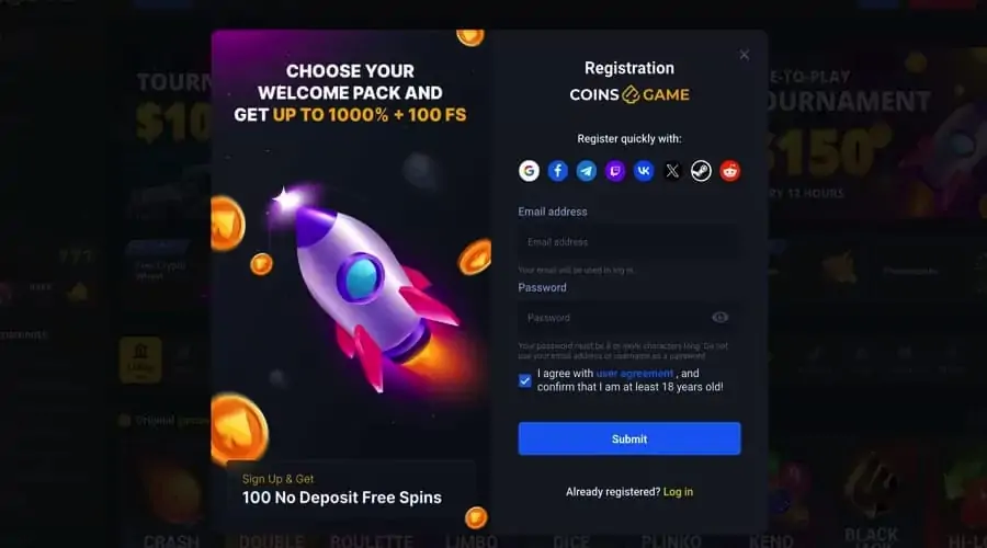 Coins.Game welcome offer