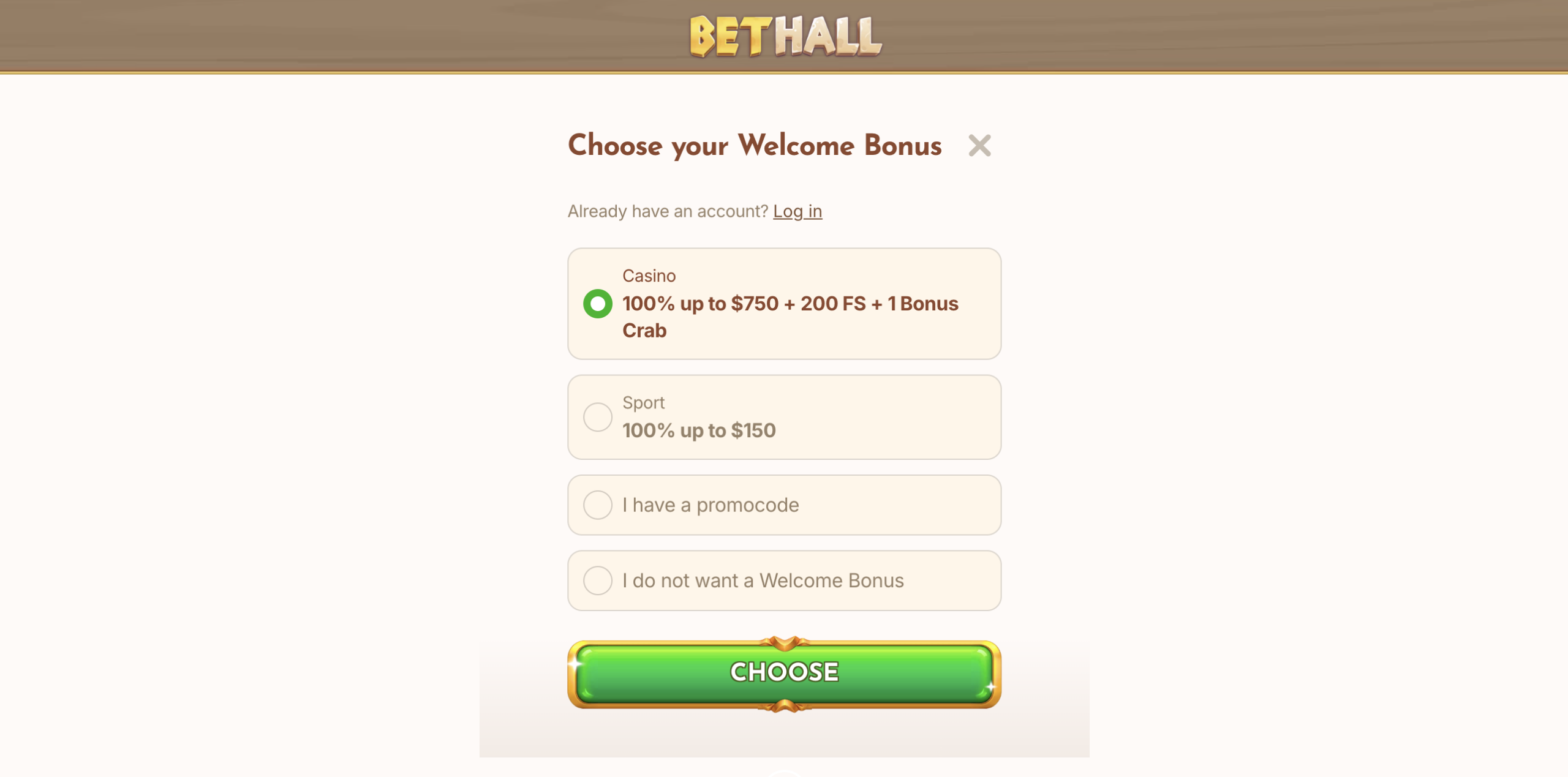 Bethall Casino registration bonus