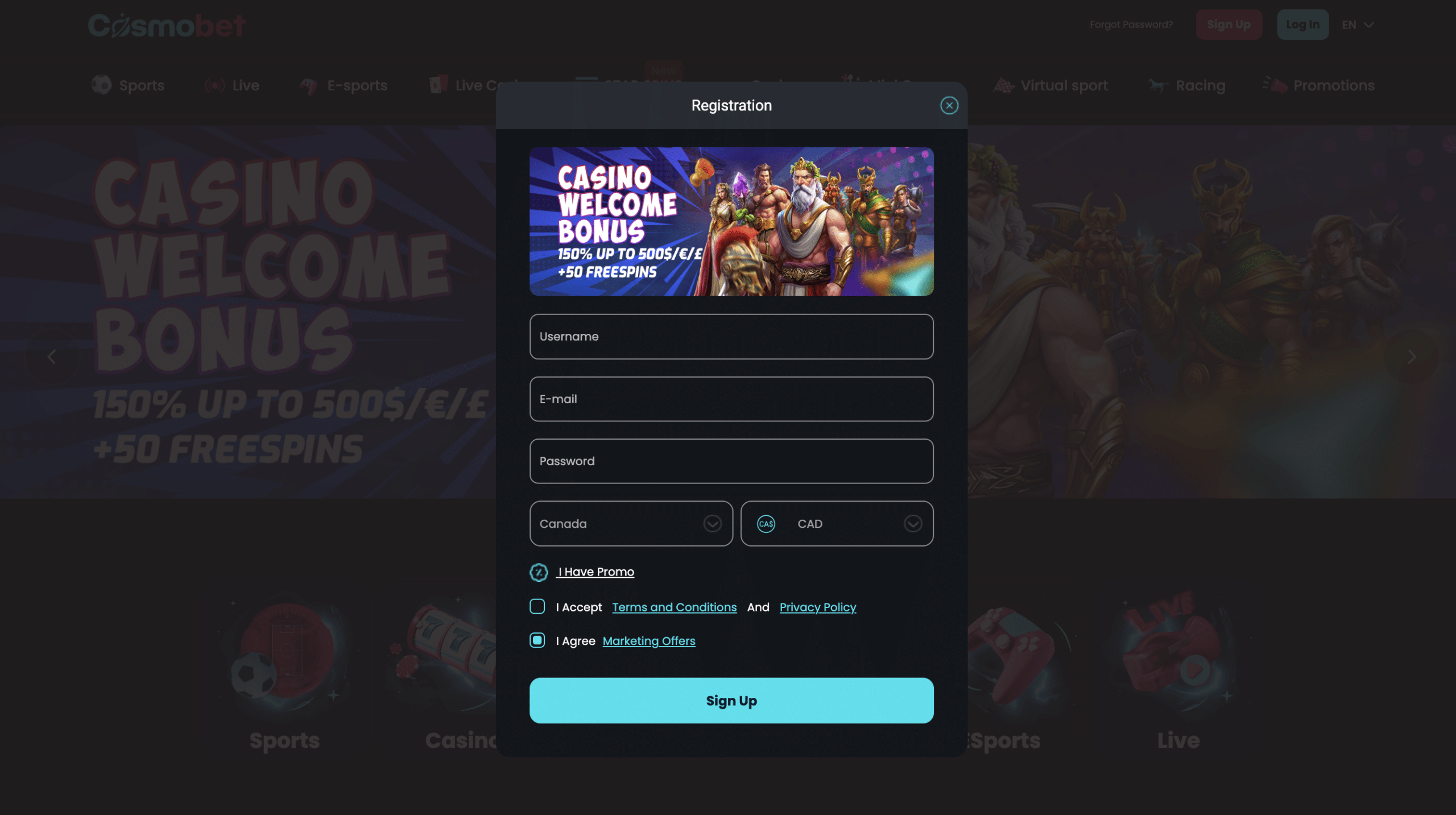 Cosmobet registration bonus