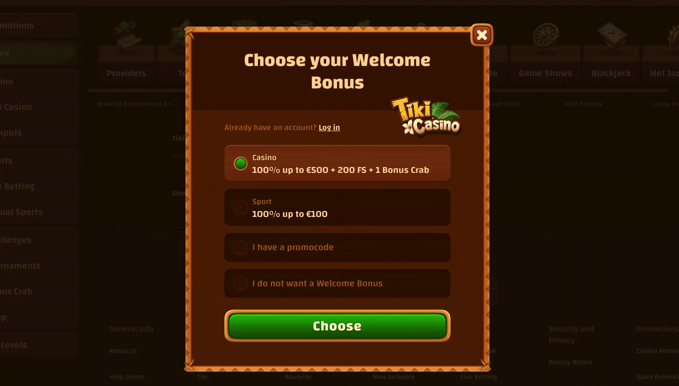 Tiki Casino registration bonus