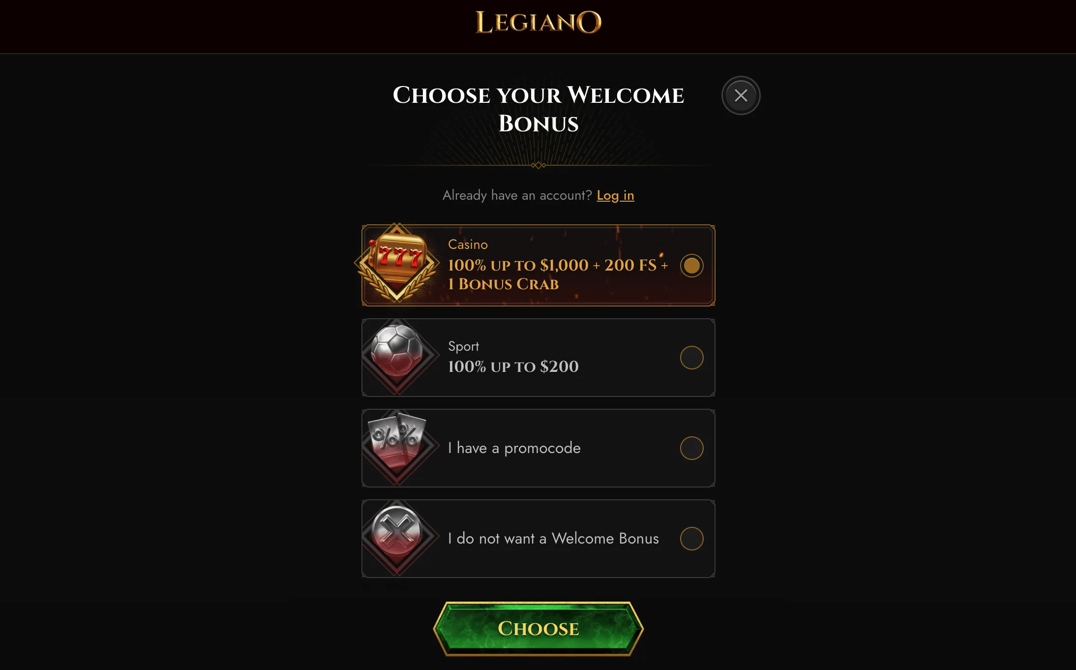 Legiano casino registration bonus