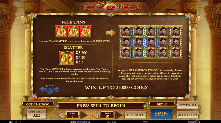 Book of Dead paytable
